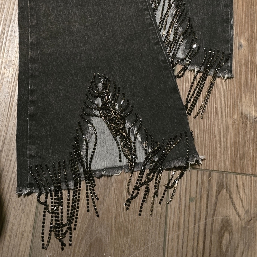 Blue B Collection Women's Black Beaded Fringe High-Waist Flared Jeans Size L - Picture 7 of 12